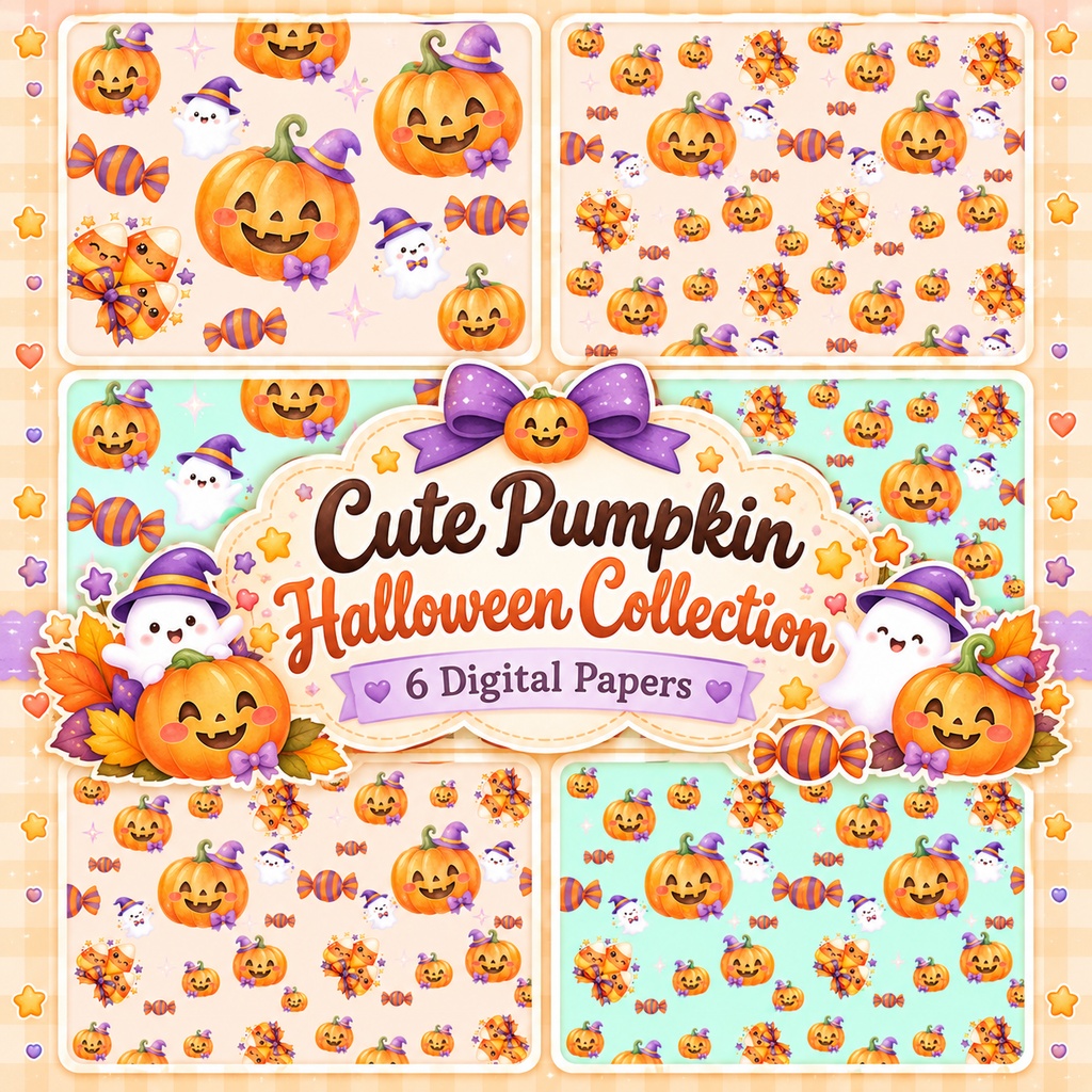かぼちゃのハロウィン デジタルペーパー6枚セット｜印刷用・コラージュ素材