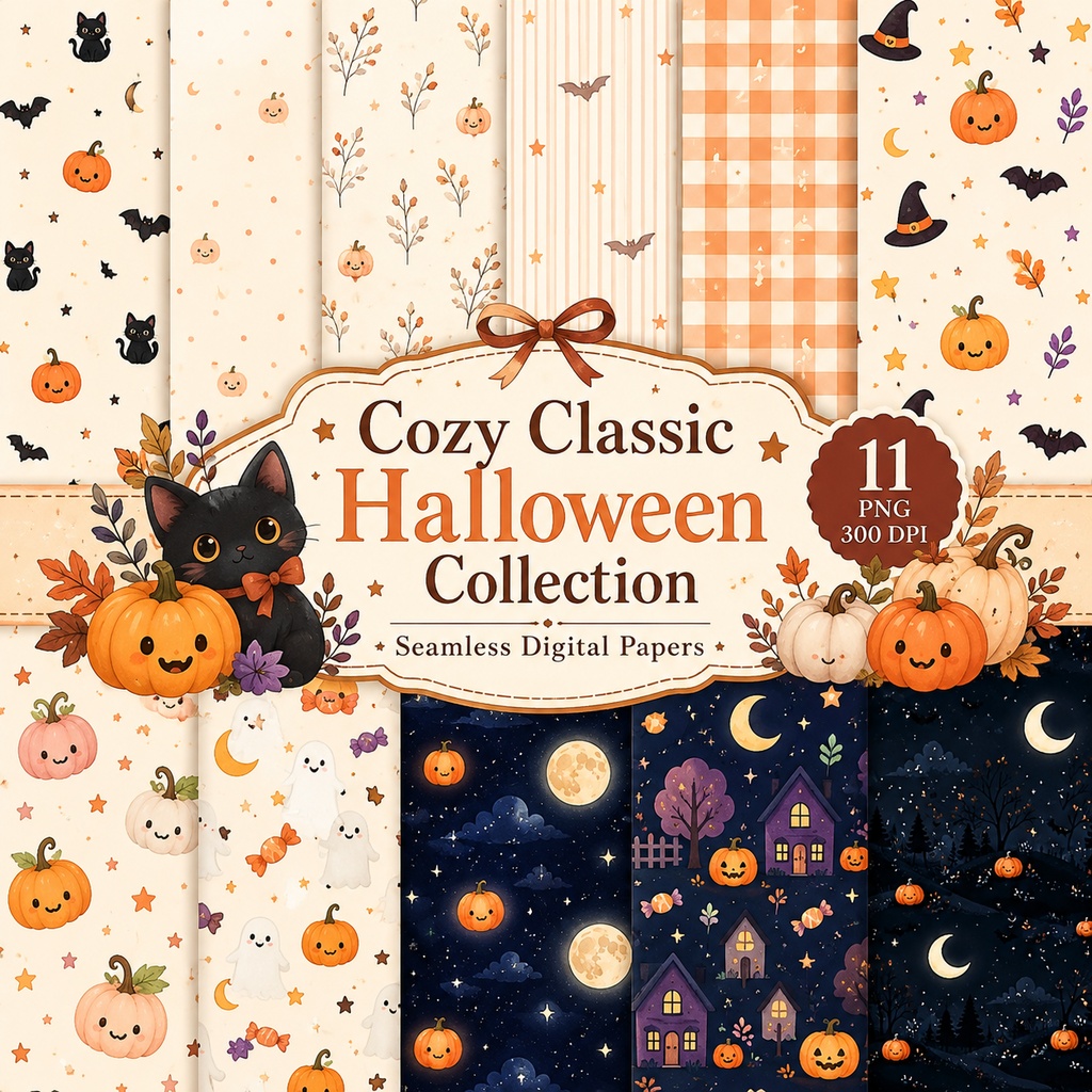 ハロウィン デジタルペーパー11柄セット｜Cozy Classic Halloween｜背景素材・ラッピングペーパー