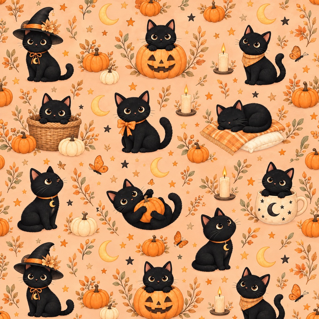 かわいい黒猫のハロウィン|デジタルペーパー3柄セット|背景素材・ラッピングペーパー