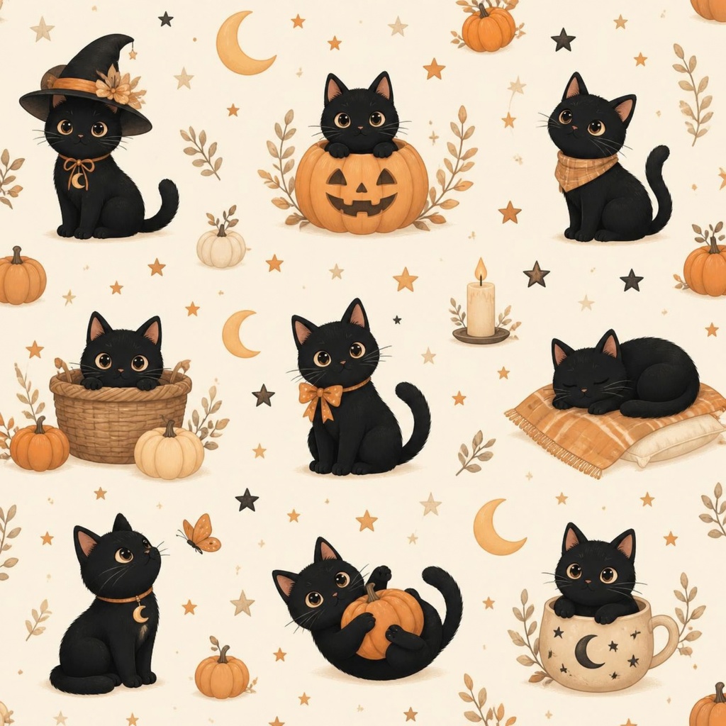 かわいい黒猫のハロウィン|デジタルペーパー3柄セット|背景素材・ラッピングペーパー