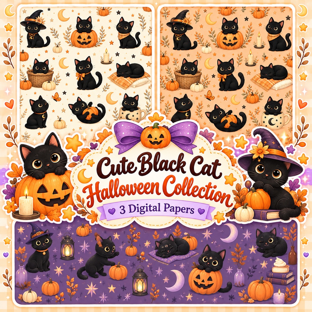 かわいい黒猫のハロウィン|デジタルペーパー3柄セット|背景素材・ラッピングペーパー