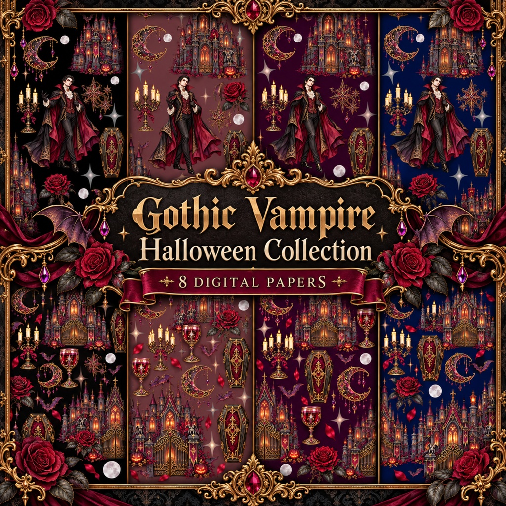 ゴシックヴァンパイアのハロウィン｜デジタルペーパー8柄セット｜背景素材・ラッピングペーパー
