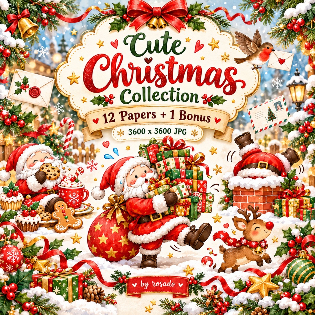 【全13枚】Cute Christmas デジタルペーパー|サンタ・トナカイ・クリスマス柄|3600px JPG|rosado