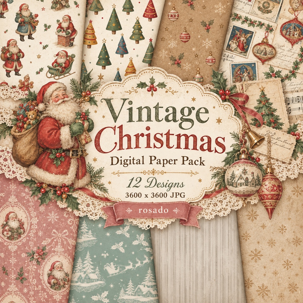 ヴィンテージクリスマス デジタルペーパー12枚セット|アンティーク調・3600×3600 JPG