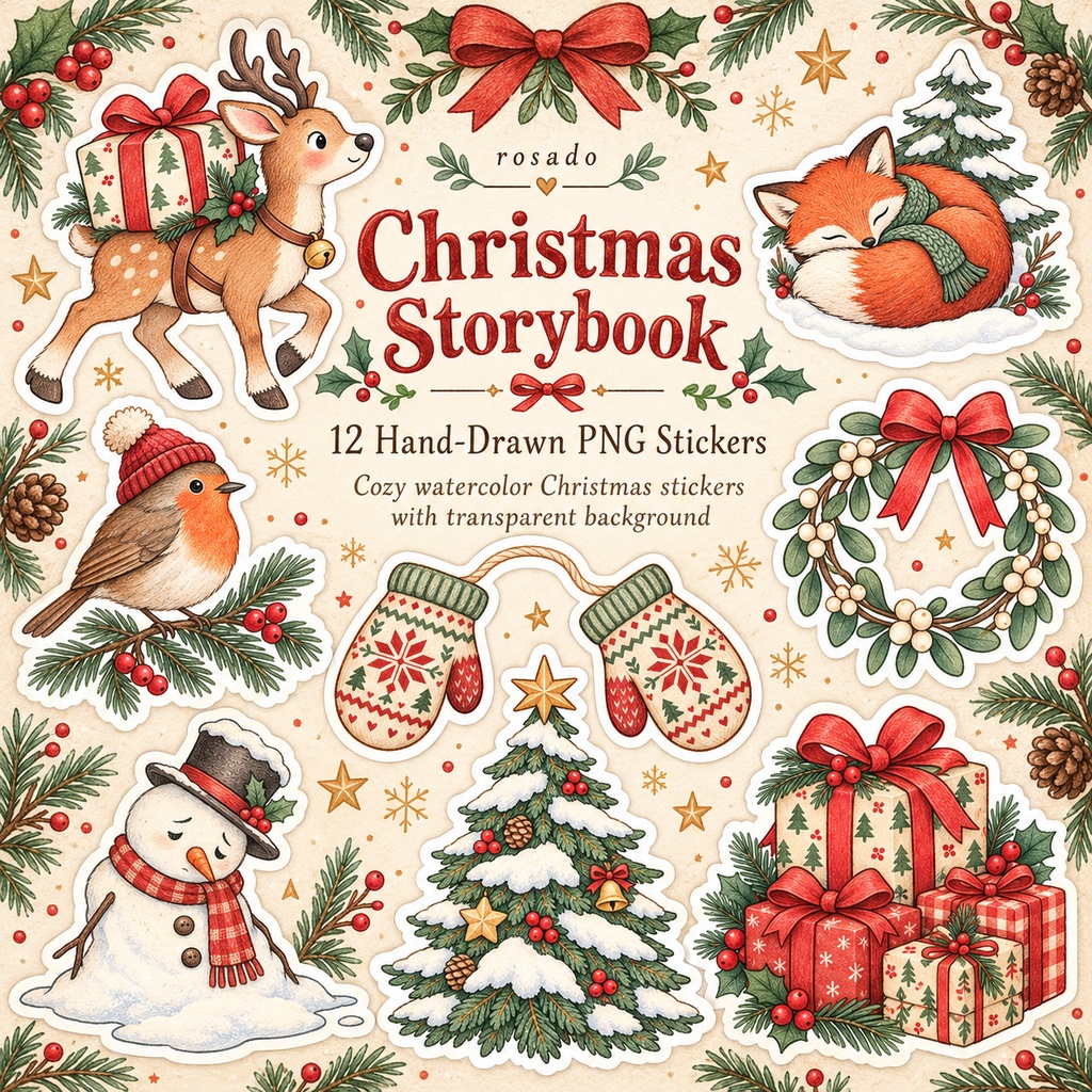 クリスマス絵本のデジタルステッカー12点セット｜手描き水彩風・背景透過PNG｜Christmas Storybook