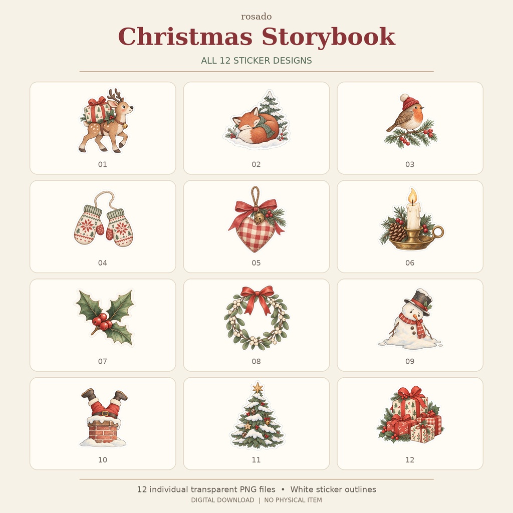 クリスマス絵本のデジタルステッカー12点セット|手描き水彩風・背景透過PNG|Christmas Storybook
