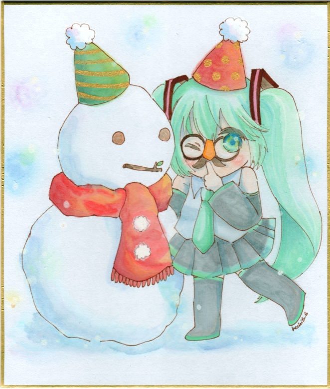 色紙_雪だるまとミク