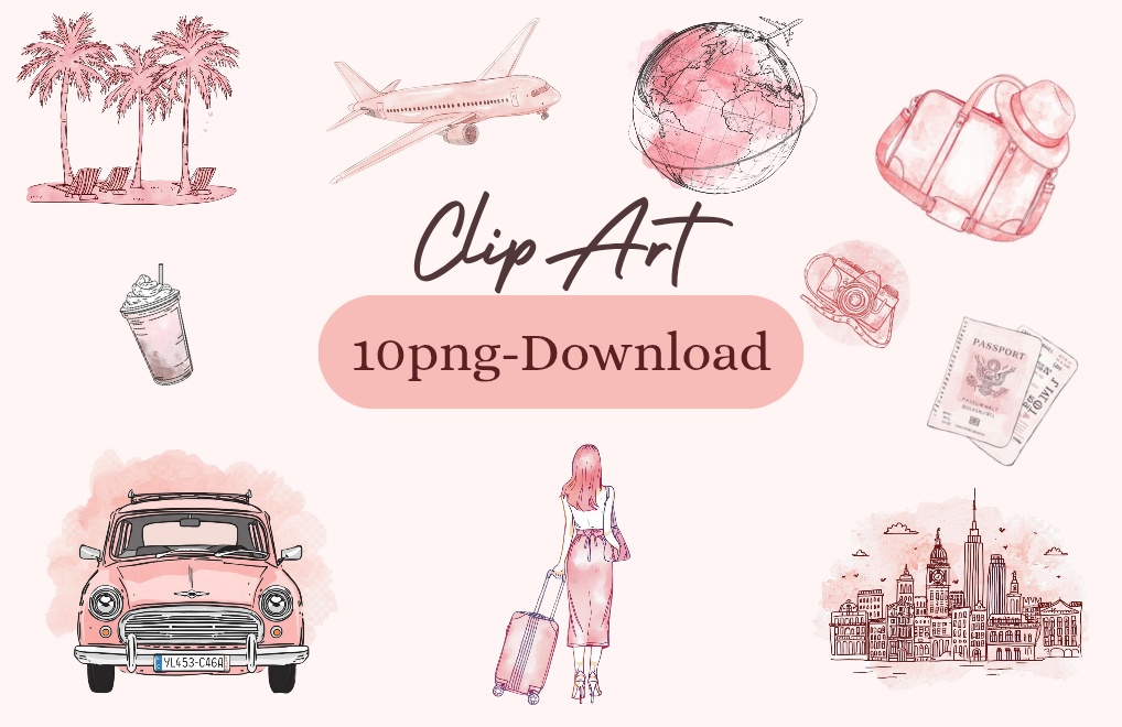 大人かわいい水彩風 旅行クリップアート10点セット（PNG）