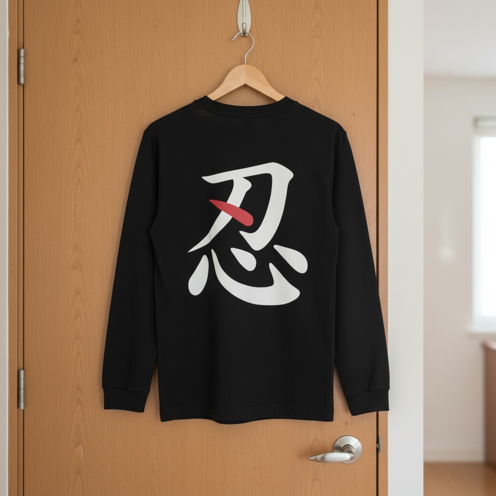 【忍 - SHINOBI】ストリート・ロングスリーブ・バックプリントTシャツ|モノトーン・テックウェア