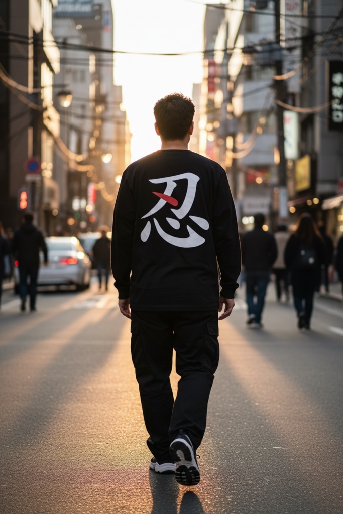 【忍 - SHINOBI】ストリート・ロングスリーブ・バックプリントTシャツ|モノトーン・テックウェア