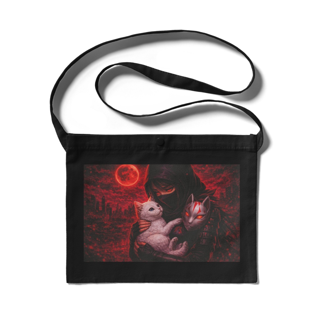 【忍と猫】闇夜の守護者 サコッシュ - SilentNinja アートシリーズ  Ninja & Cat "The Guardian" Sacoche Bag - Japanese Dark Art