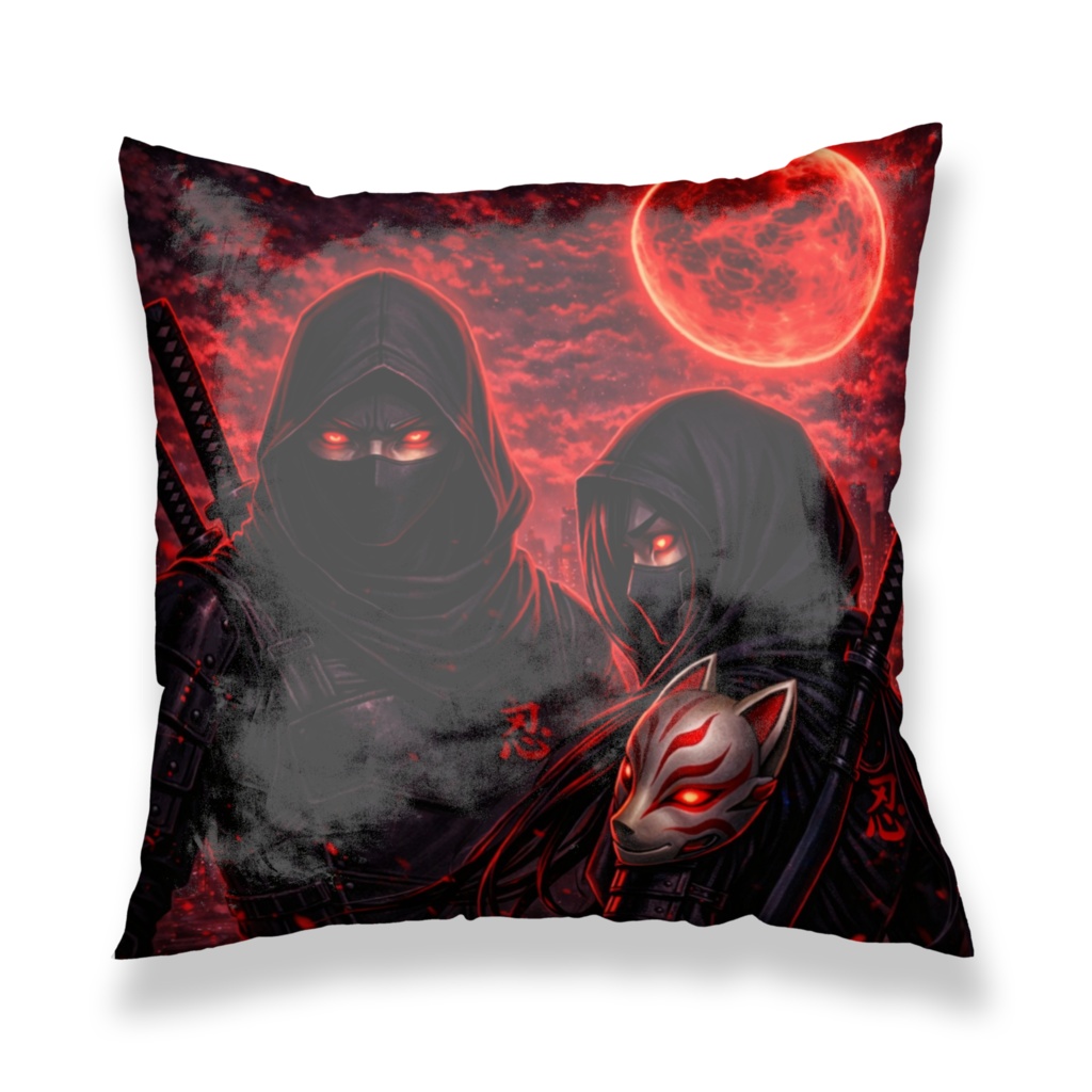 【忍】SHINOBI - 忍者とくノ一グラフィック クッションカバー / 和風モダン インテリア Shinobi Ninja Cushion Cover - Japanese Anime Graphic Pillow Case - Dark Aesthetic Home Decor - Gift for Anime Fans & Gamers