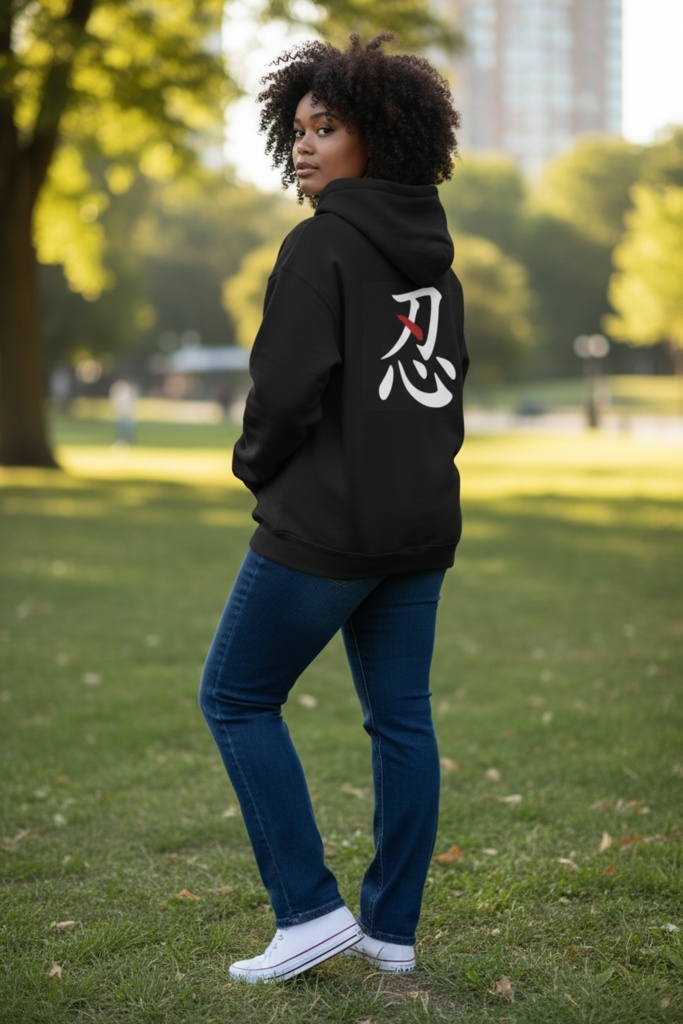 【忍】SHINOBI - バックプリント プルオーバーパーカー / 忍者 ストリートウェア Shinobi Ninja Kanji Hoodie - Japanese Streetwear Back Print Pullover - Anime Inspired Aesthetic Sweatshirt - Unisex Black Hoodie