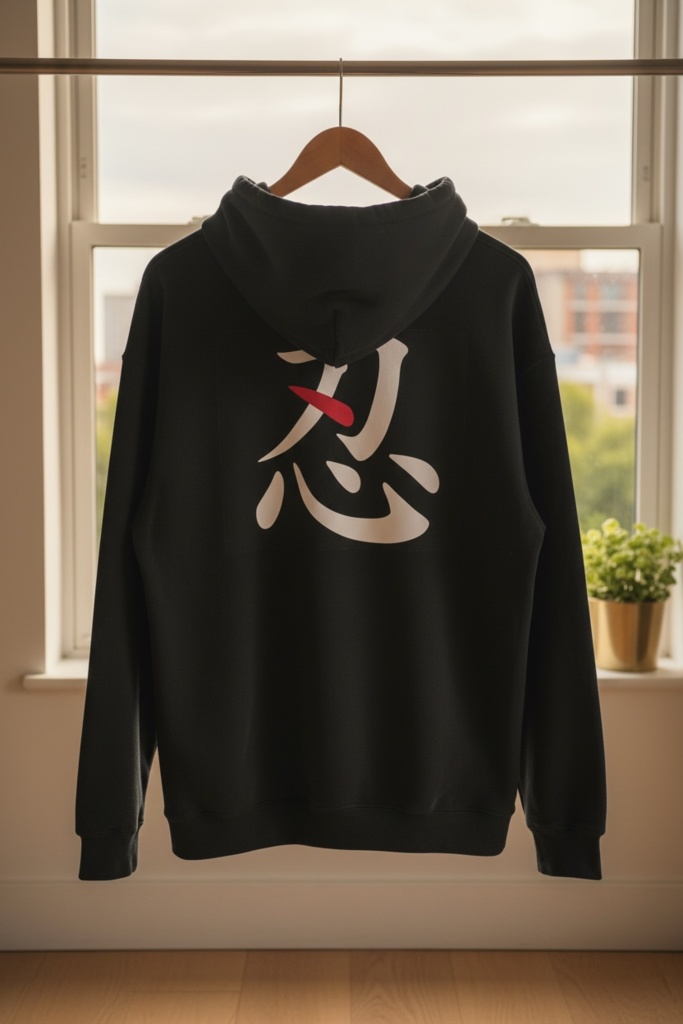 【忍】SHINOBI - バックプリント プルオーバーパーカー / 忍者 ストリートウェア Shinobi Ninja Kanji Hoodie - Japanese Streetwear Back Print Pullover - Anime Inspired Aesthetic Sweatshirt - Unisex Black Hoodie