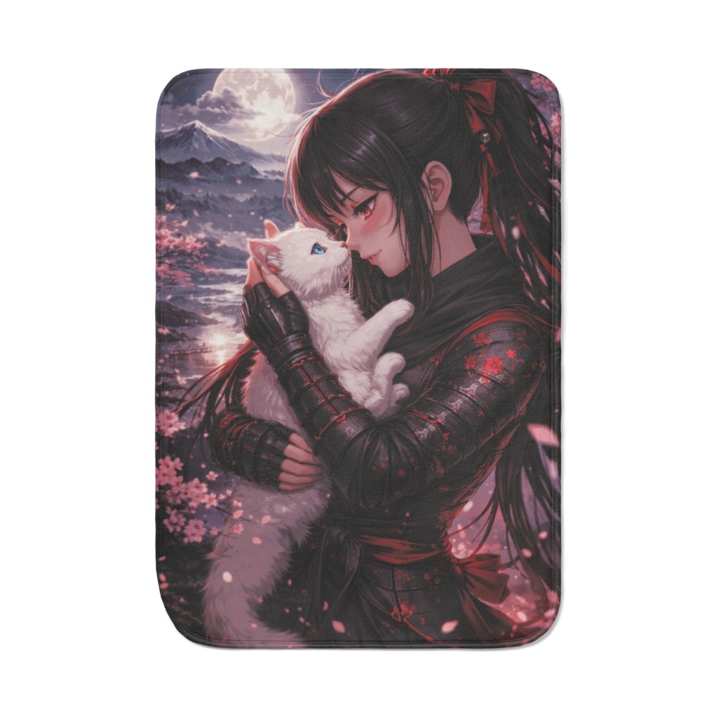 【くノ一】KUNOICHI - くノ一と白猫 ブランケット / 幻想的 アニメアート 毛布  Kunoichi & White Cat Blanket - Japanese Anime Fantasy Art Throw - Soft Plush Fleece Blanket - Shinobi Girl Home Decor