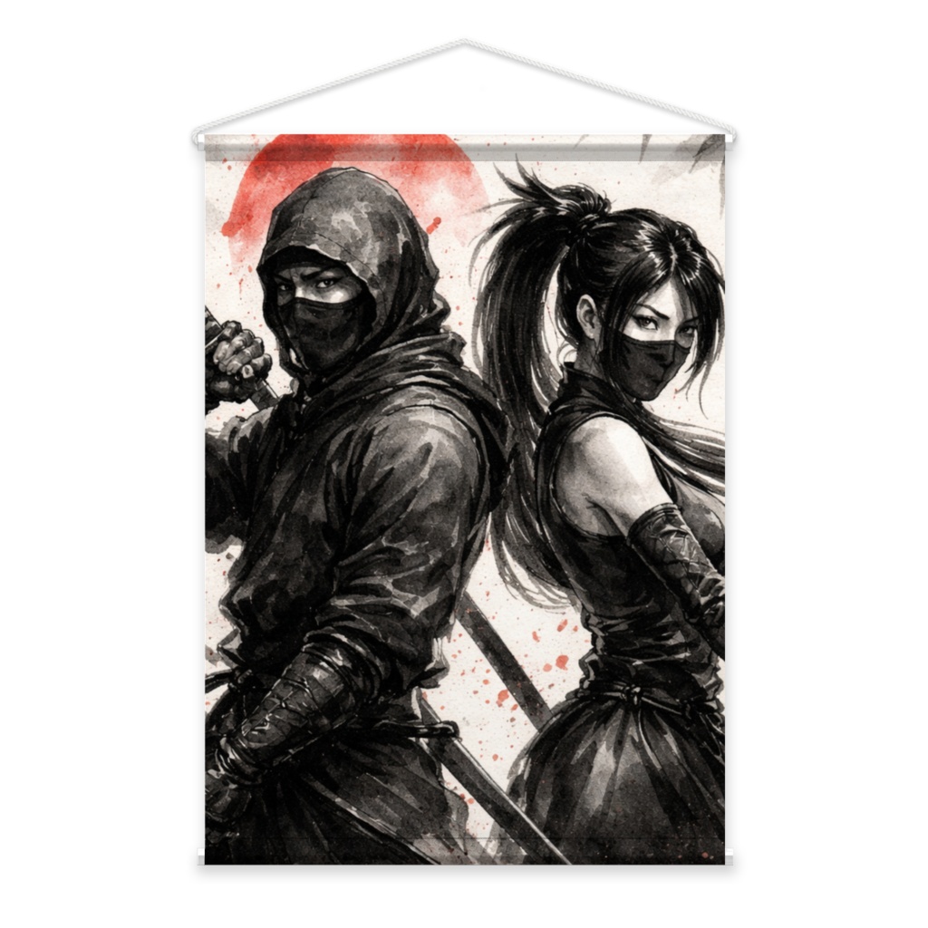 【忍】SHINOBI - 忍者＆くノ一 B2タペストリー / 和モダン アニメ壁掛けアート  Shinobi & Kunoichi B2 Wall Tapestry - Japanese Ninja Anime Art - Large Vertical Wall Hanging - Dark Aesthetic Room Decor