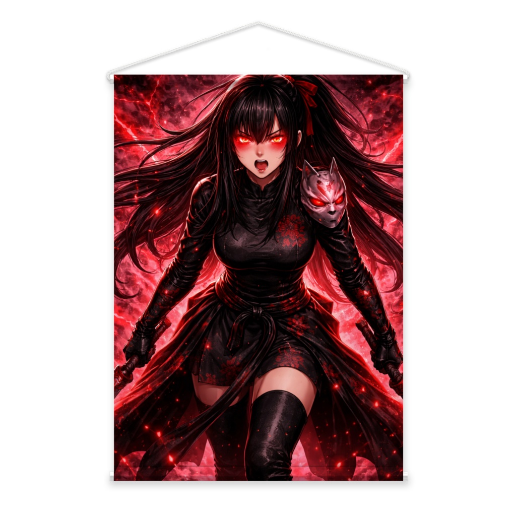 忍】SHINOBI - 真紅のくノ一 B2タペストリー / ダークファンタジー 壁掛けアート.Crimson Kunoichi B2 Wall Tapestry - Japanese Ninja Dark Fantasy Art - Large Vertical Wall Hanging - Red & Black Aesthetic 