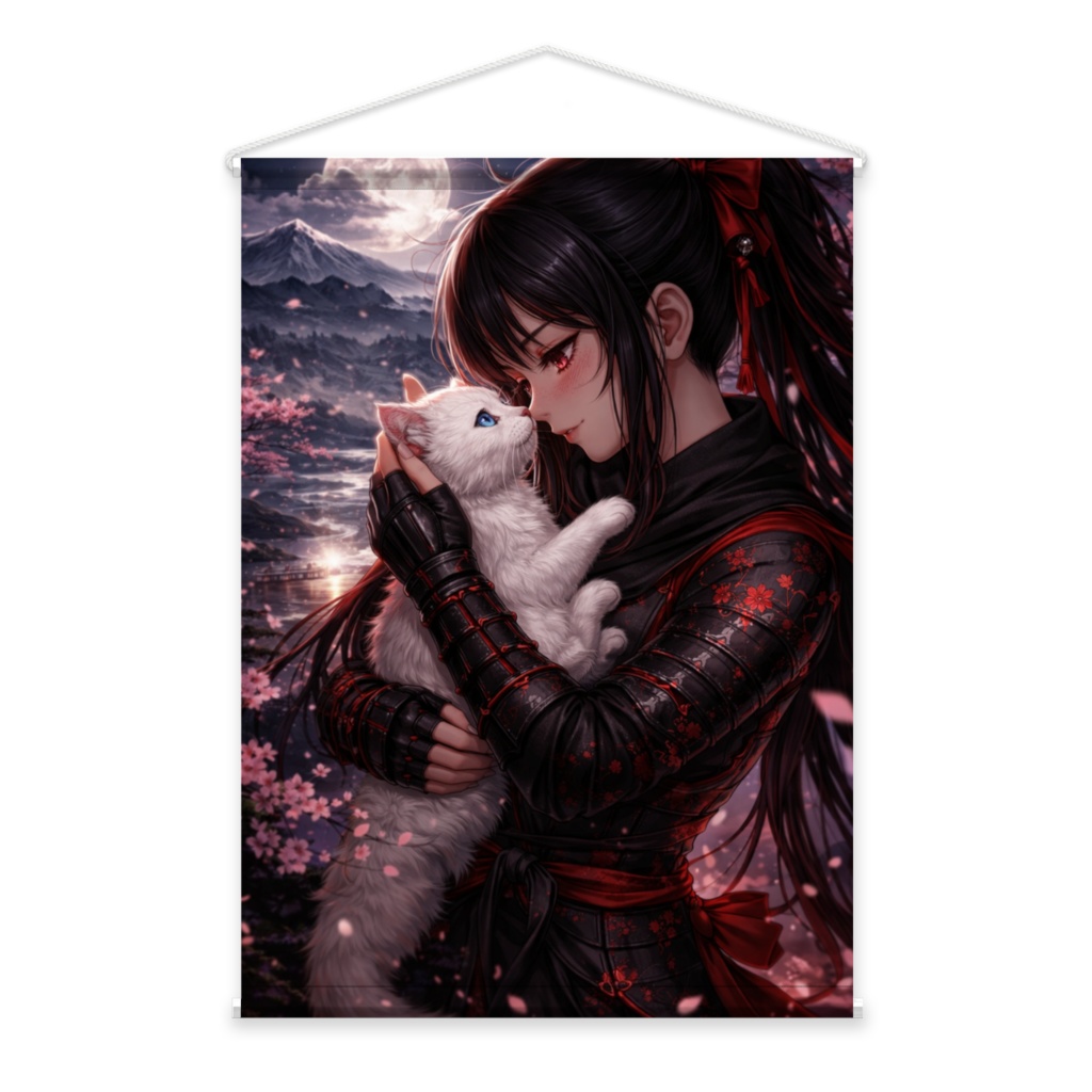 忍】SHINOBI - 月下のくノ一と白猫 B2タペストリー / 幻想的な和風アート壁掛け Moonlight Kunoichi & White Cat B2 Tapestry - Japanese Anime Fantasy Wall Art - Large Vertical Suede Poster - Gift for Cat & Anime Lovers　