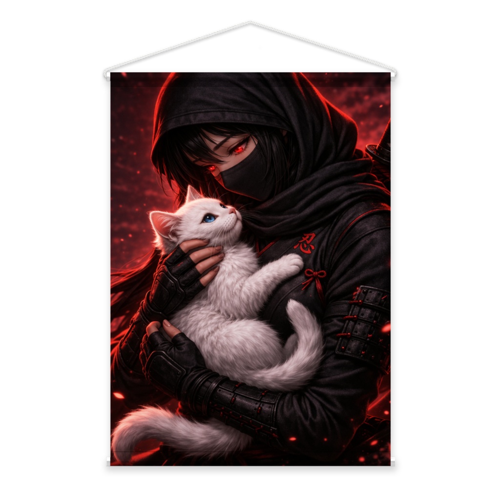 【忍】SHINOBI - 宵闇のくノ一と白猫 B2タペストリー / ダークファンタジー 和風アート　 Crimson Night Kunoichi & White Cat B2 Tapestry - Japanese Ninja Dark Art - Large Vertical Wall Hanging - Red & Black Aesthetic