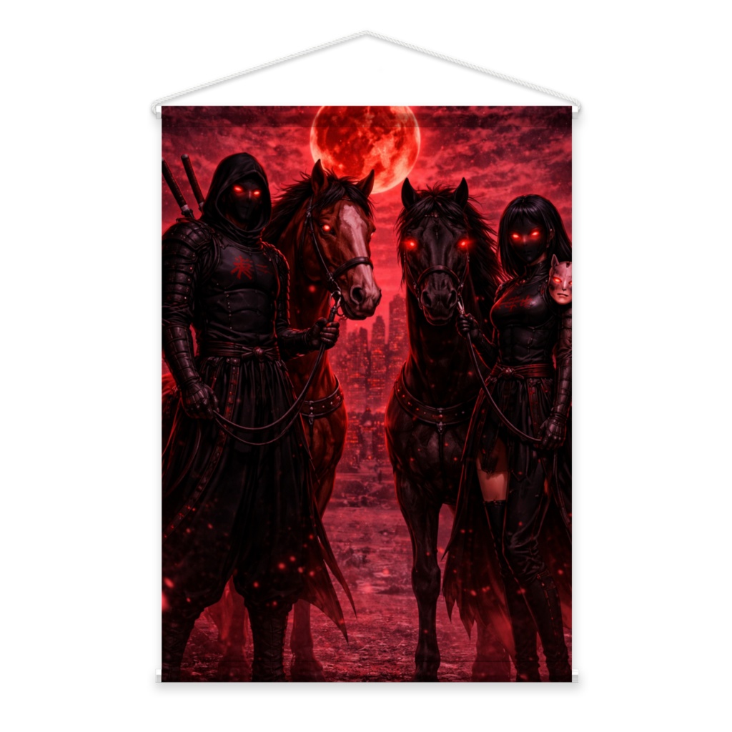 【忍】SHINOBI - 赤月下の忍軍 B2タペストリー / ダークファンタジー 忍者アートRed Moon Shinobi Squad B2 Tapestry - Japanese Ninja Warrior Art - Large Vertical Wall Hanging - Dark Samurai Aesthetic