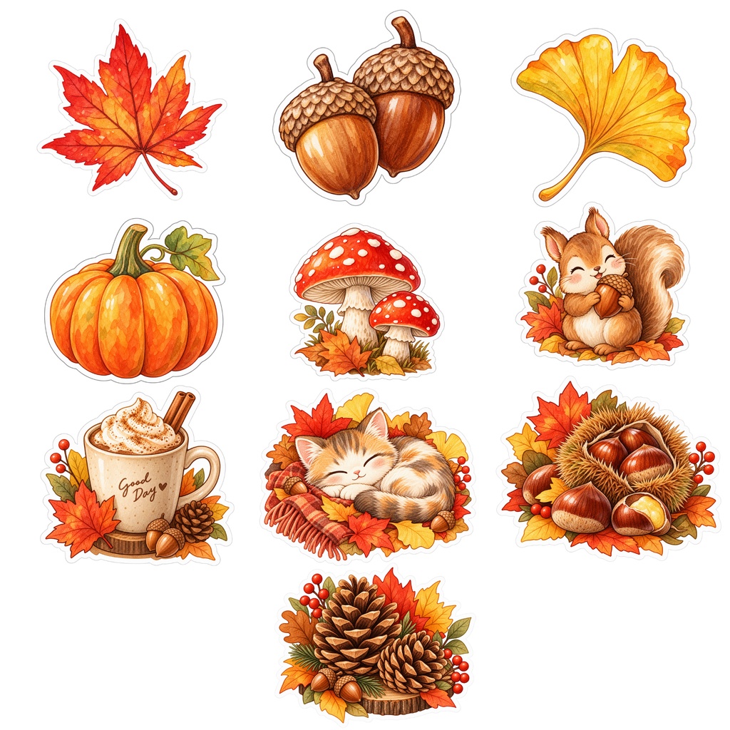 秋の水彩デジタルステッカー 20枚セット|Autumn Sticker Set|PNG素材