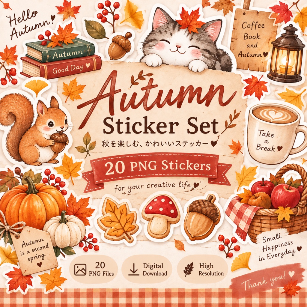 秋の水彩デジタルステッカー 20枚セット|Autumn Sticker Set|PNG素材
