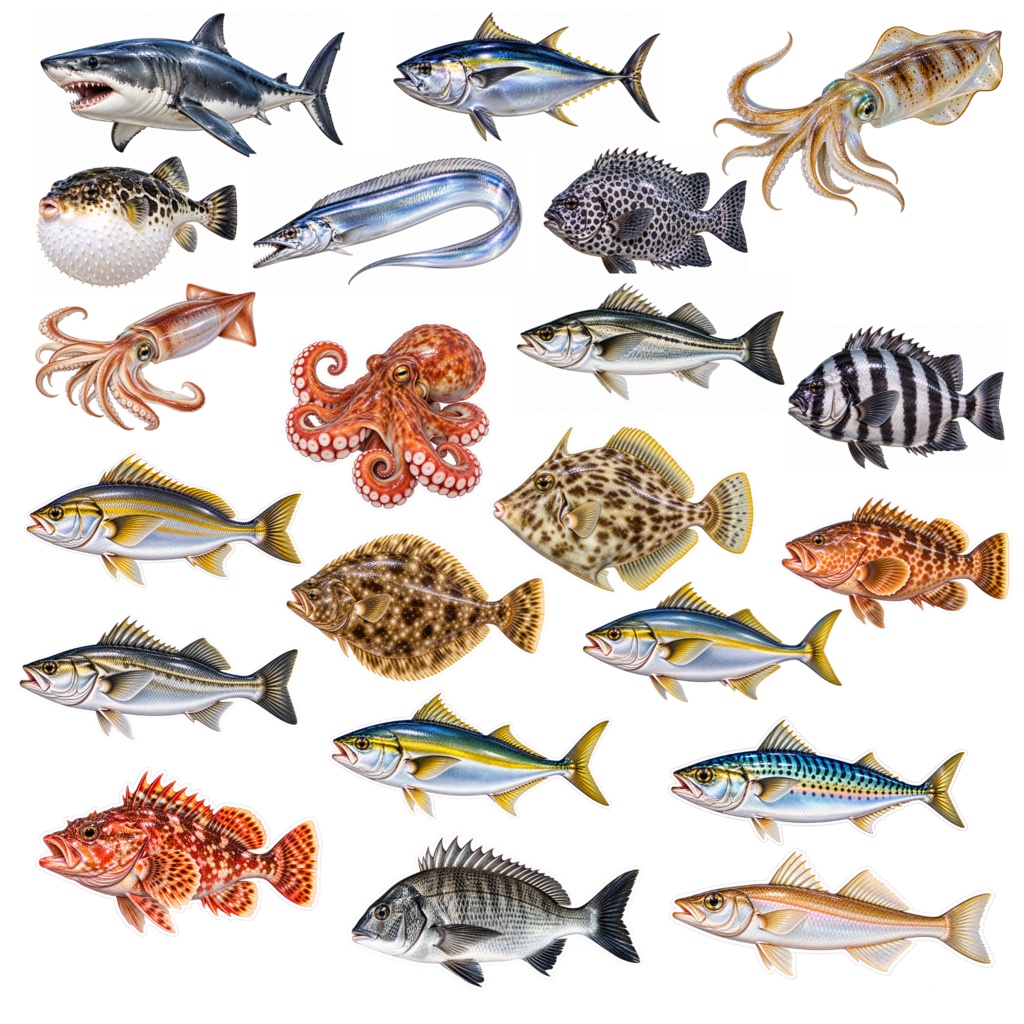リアルな魚デジタルステッカー 20種セット｜Fish Sticker Set｜PNG素材