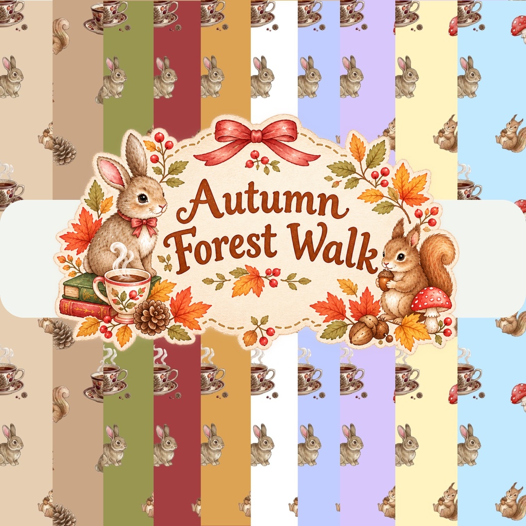秋の森のさんぽ道｜手描き水彩デジタルペーパーセットAutumn Forest Walk | Hand-Drawn Watercolor Digital Paper