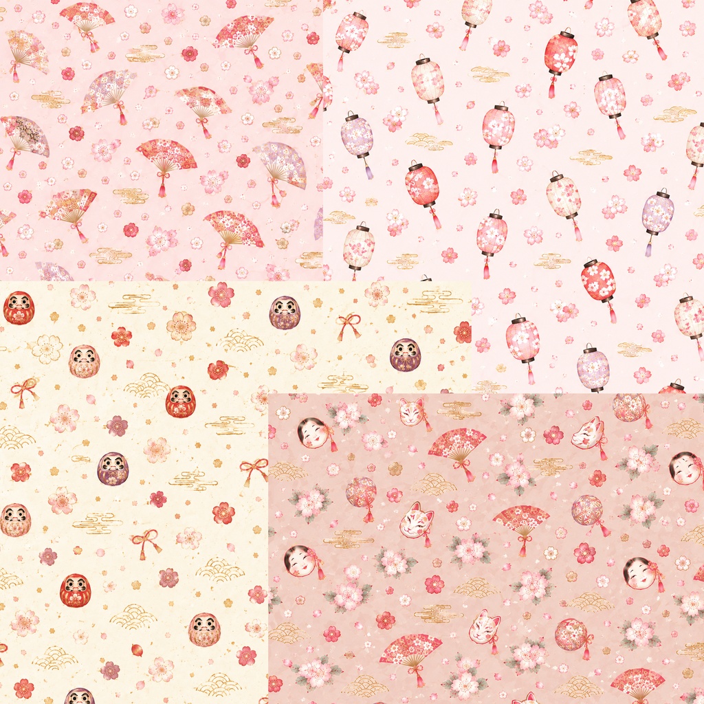 和柄デジタルペーパー 16枚セット|桜・だるま・こけし・招き猫・和風Japanese Digital Paper 16 Paper Pack | Sakura, Daruma, Kokeshi & Lucky Cat Patterns | 3600×3600px PNG