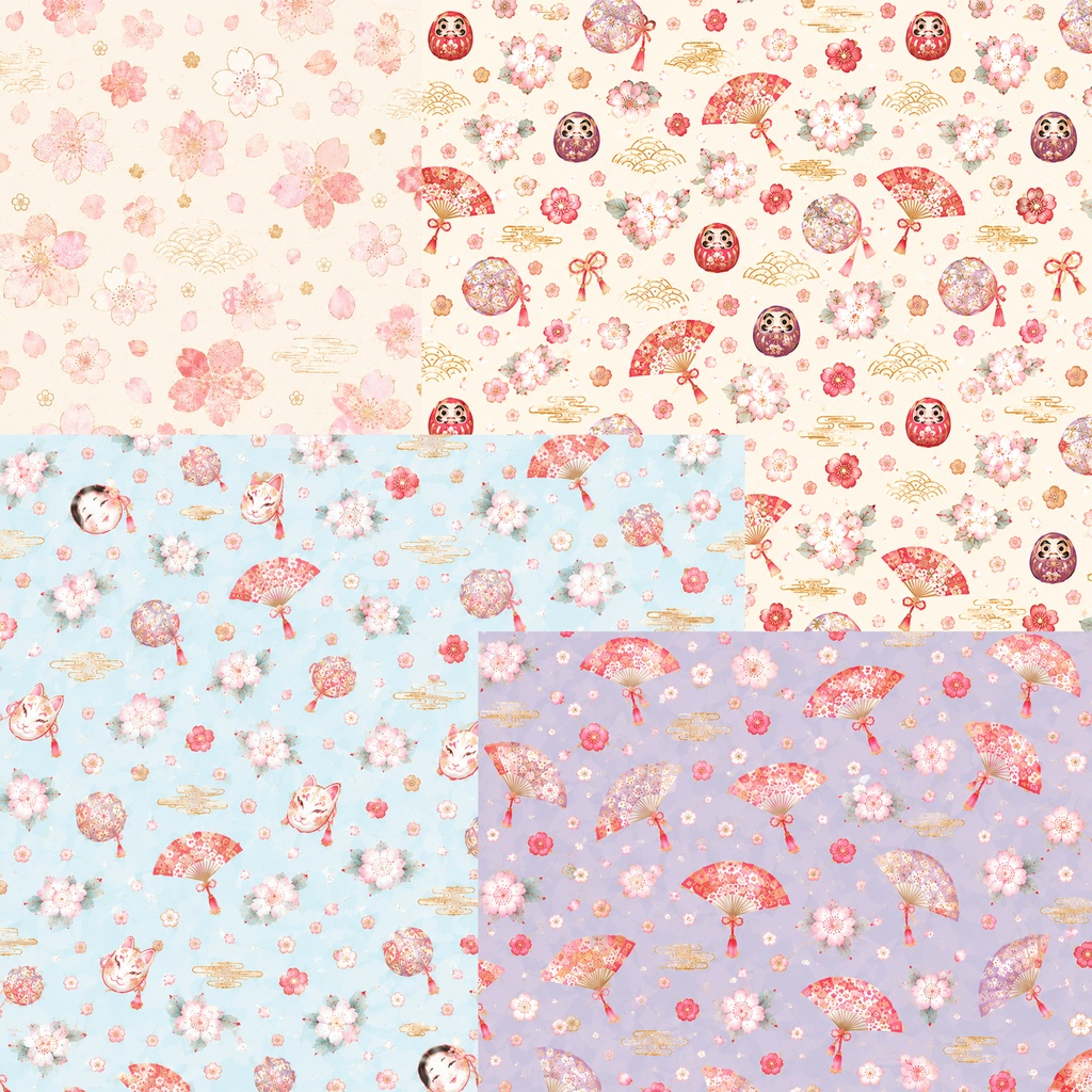 和柄デジタルペーパー 16枚セット|桜・だるま・こけし・招き猫・和風Japanese Digital Paper 16 Paper Pack | Sakura, Daruma, Kokeshi & Lucky Cat Patterns | 3600×3600px PNG