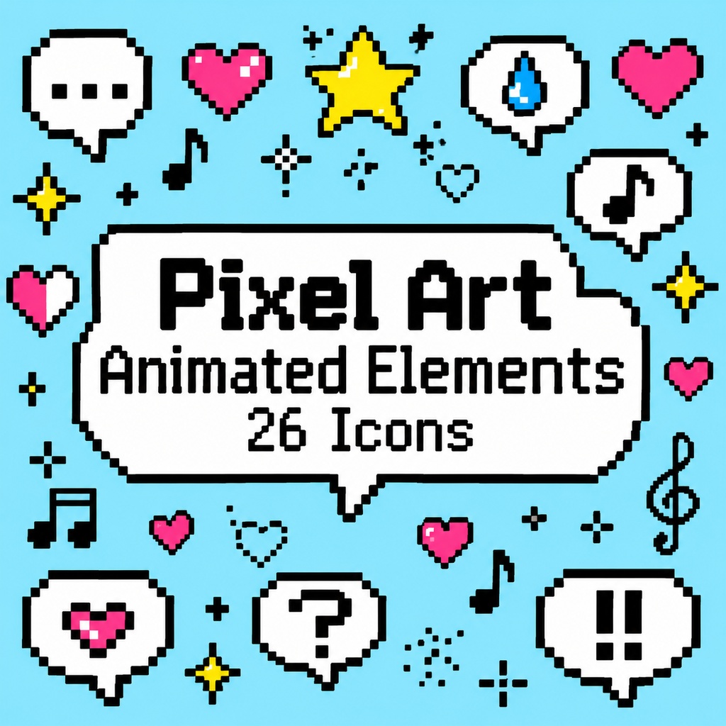 【MOV / AEP / MOGRT】8bitドット絵タッチのアニメーション素材 全26種セット｜背景透過MOV・After Effectsプロジェクト・Premiere Pro MOGRT