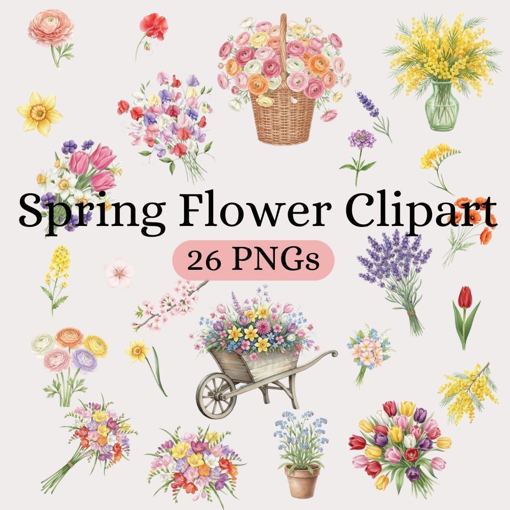 春の花クリップアート26点セット 水彩画風（背景透過）