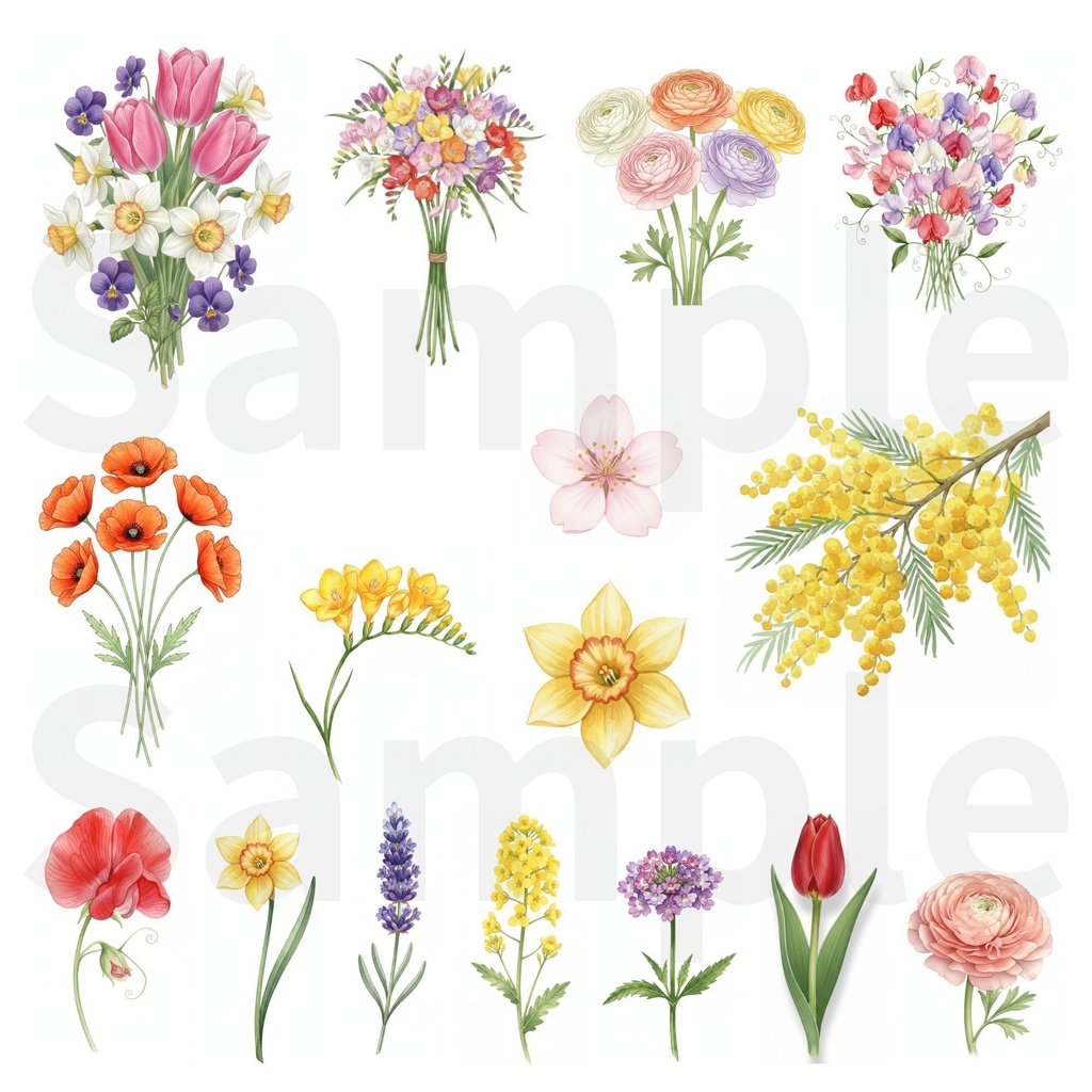 春の花クリップアート26点セット 水彩画風(背景透過)