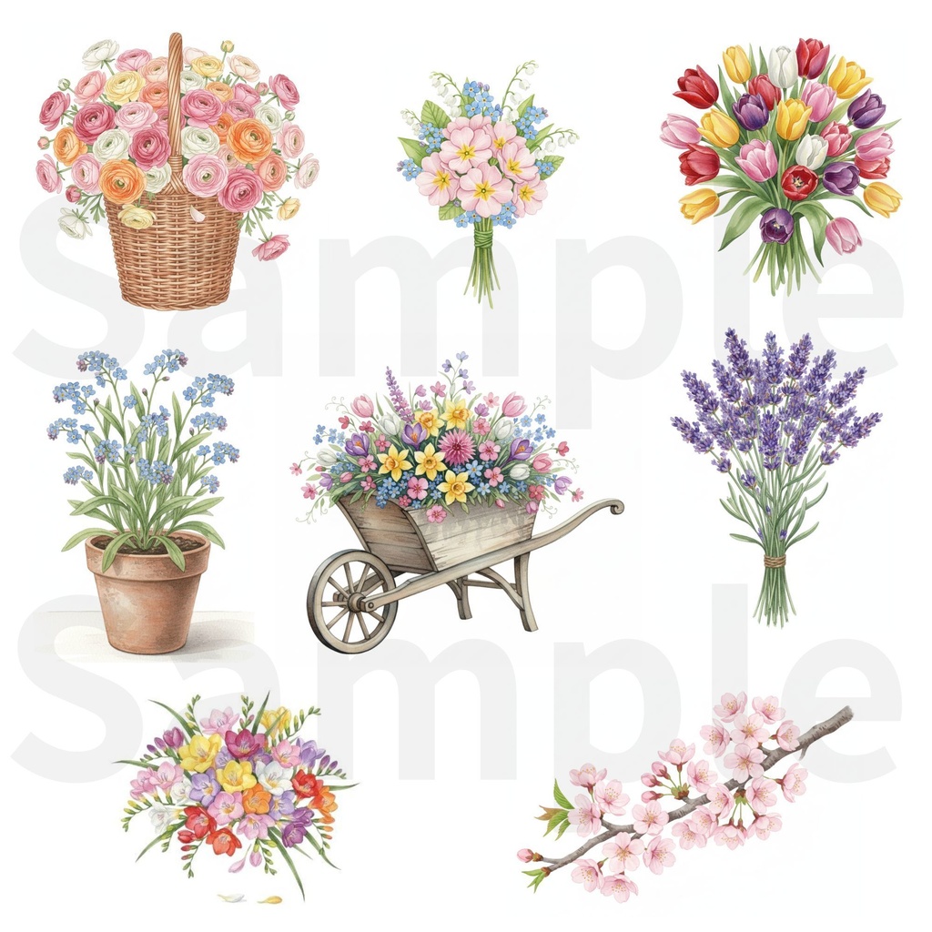 春の花クリップアート26点セット 水彩画風(背景透過)