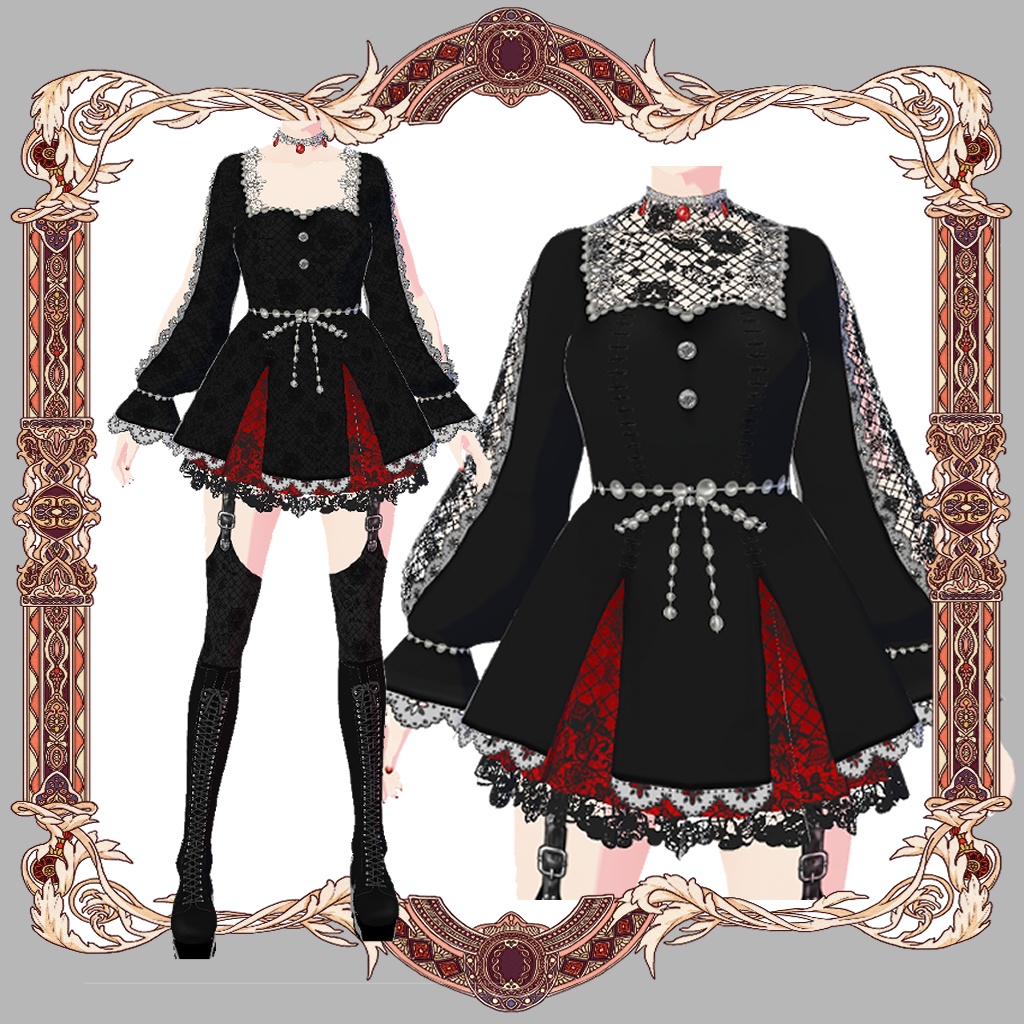 【Vroid】3set ゴシックメッシュドレス セット redblack mesh Gothic dress set 