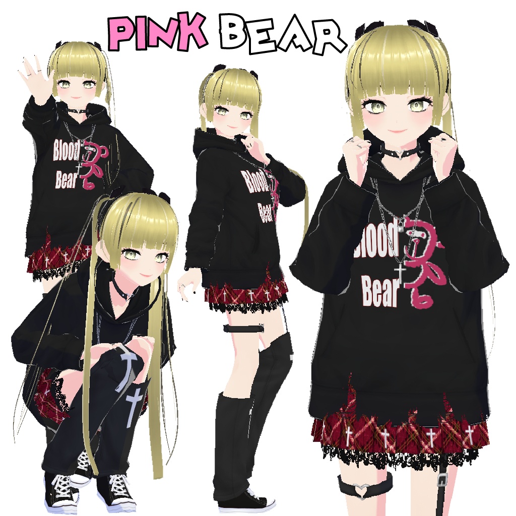 【Vroid】 パンクルック パーカー 4 set. カジュアル casual punk hoodie 4 set, ネイルアート, 指輪, スカート、ルーズソックス 付き, nail, ring