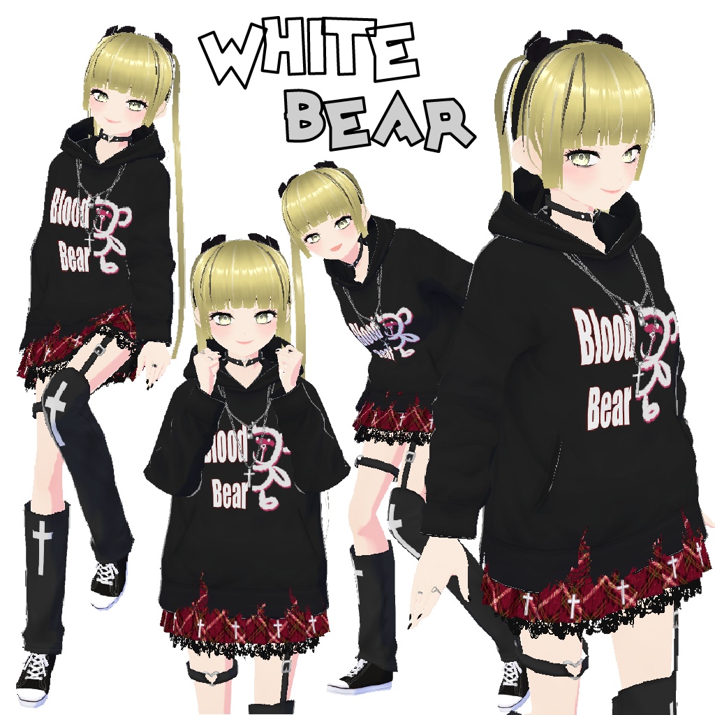 【Vroid】 パンクルック パーカー 4 set. カジュアル casual punk hoodie 4 set, ネイルアート, 指輪, スカート、ルーズソックス 付き, nail, ring
