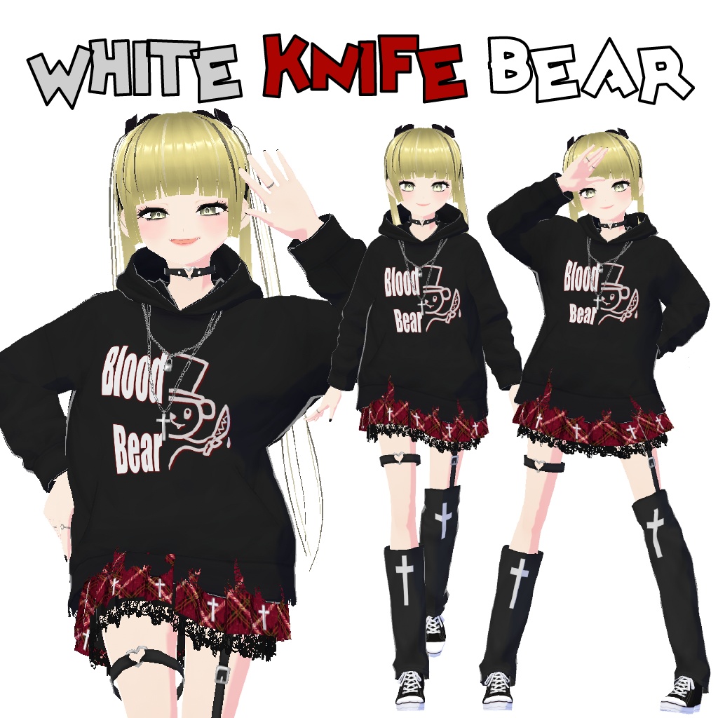 【Vroid】 パンクルック パーカー 4 set. カジュアル casual punk hoodie 4 set, ネイルアート, 指輪, スカート、ルーズソックス 付き, nail, ring