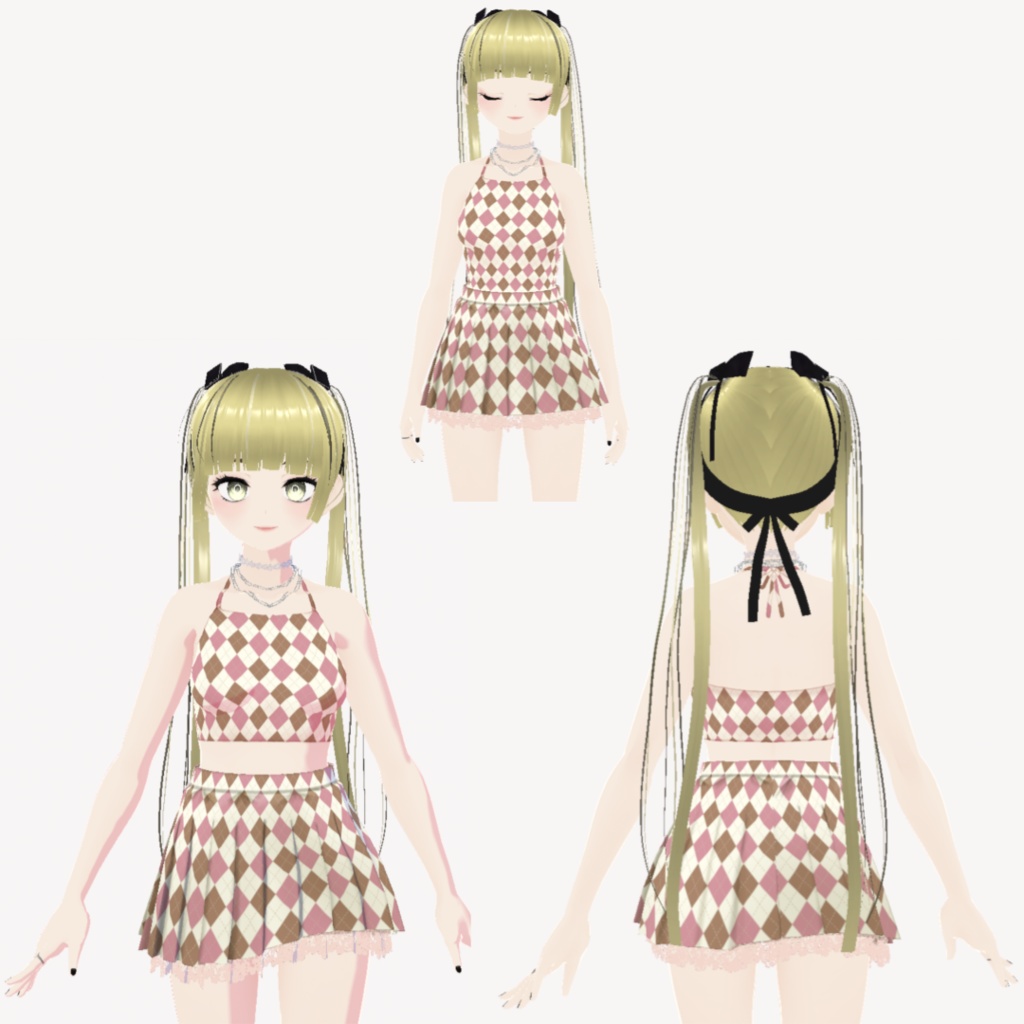 【Vroid】 カーディガン, ミニスカート, タンクトップ ツーピース, チョーカー,ネックレス, nail, ring