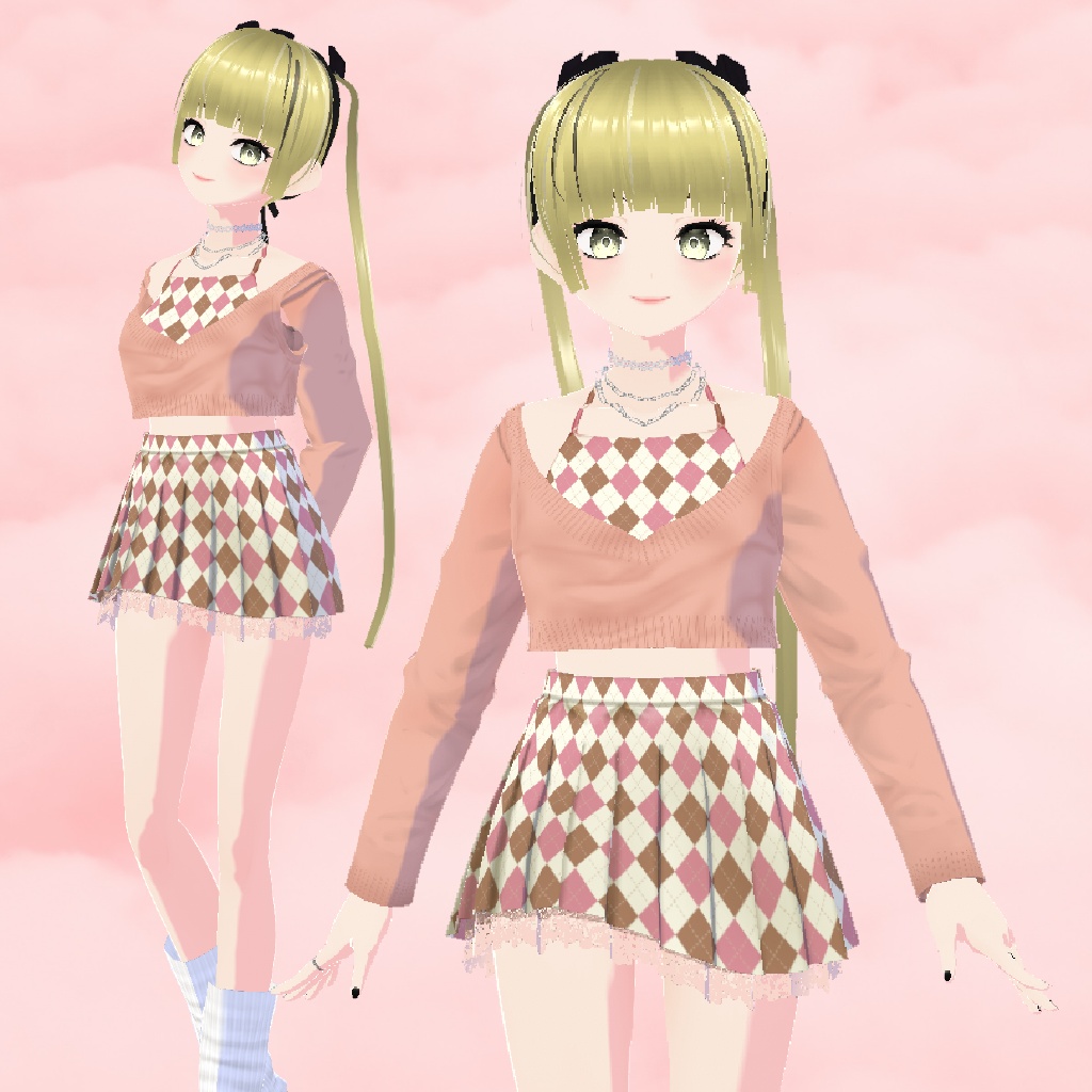 【Vroid】 カーディガン, ミニスカート, タンクトップ ツーピース, チョーカー,ネックレス, nail, ring