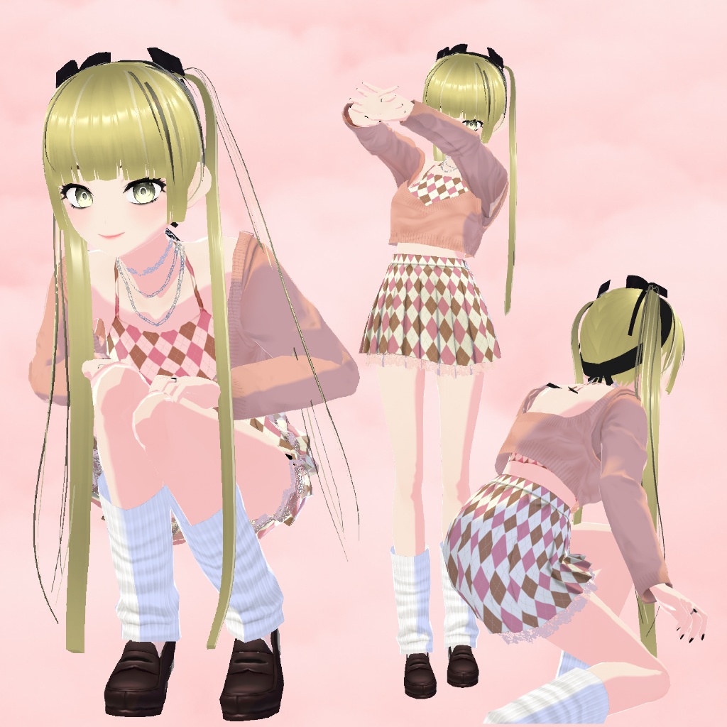 【Vroid】 カーディガン, ミニスカート, タンクトップ ツーピース, チョーカー,ネックレス, nail, ring