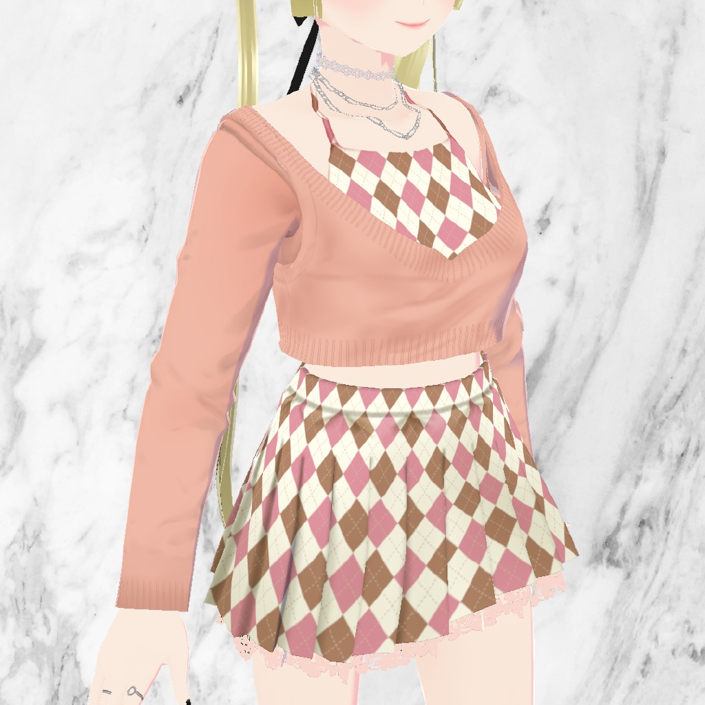 【Vroid】 カーディガン, ミニスカート, タンクトップ ツーピース, チョーカー,ネックレス, nail, ring