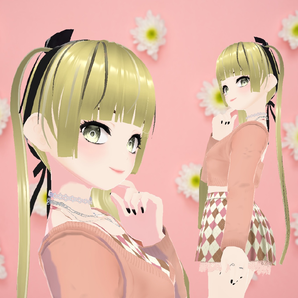【Vroid】 カーディガン, ミニスカート, タンクトップ ツーピース, チョーカー,ネックレス, nail, ring
