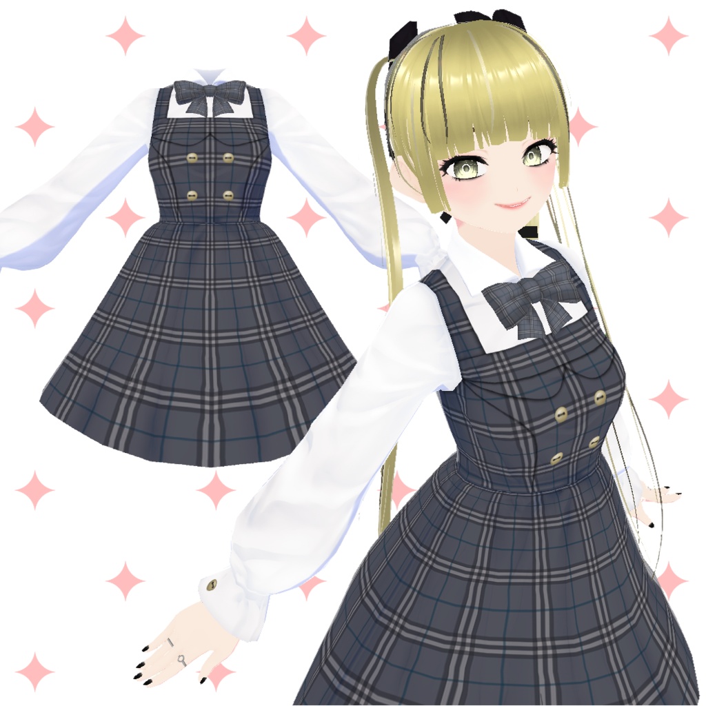 【Vroid】チェック ワンピース, スカート, ドレス, dress, one-piece, 制服 