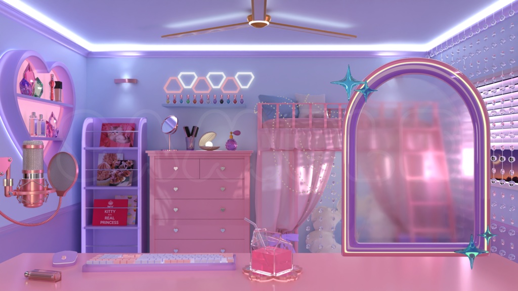 【配信素材】 Vtuber room pink desk set up assets 【Vtuber向け】 Live streaming vtuber background