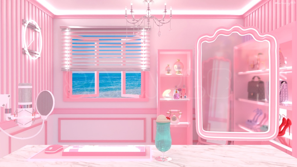 【配信素材】 Vtuber room white pink desk set up assets 【Vtuber向け】 Live streaming vtuber background