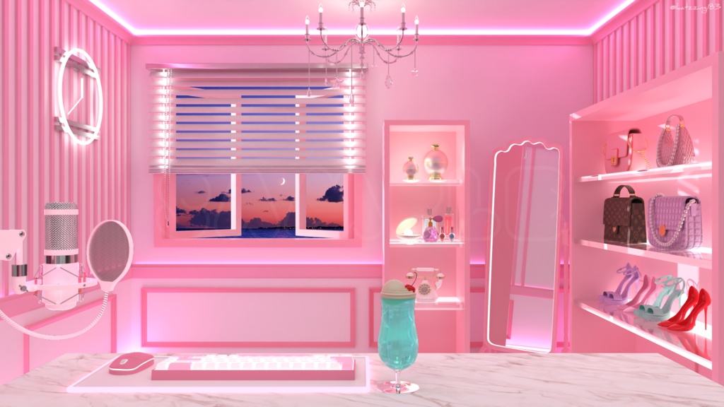 【配信素材】 Vtuber room white pink desk set up assets 【Vtuber向け】 Live streaming vtuber background