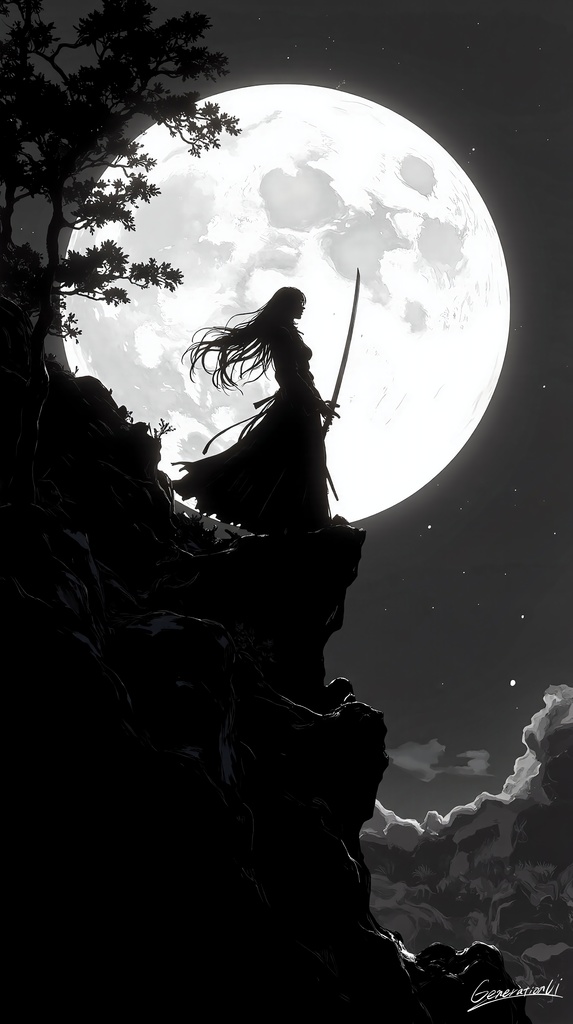 Swordswoman Beneath the Moon / Phone Wallpaper Archives