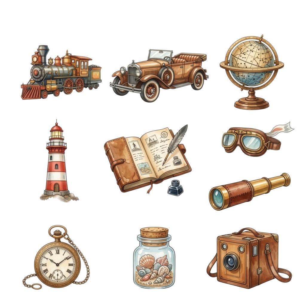 アンティークな旅のアイテムを集めた水彩画風イラストセット