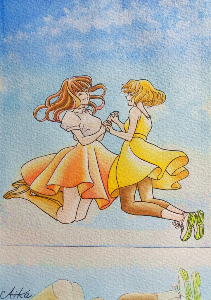 『エンジョイ』☆水彩イラスト原画☆2枚セット♪